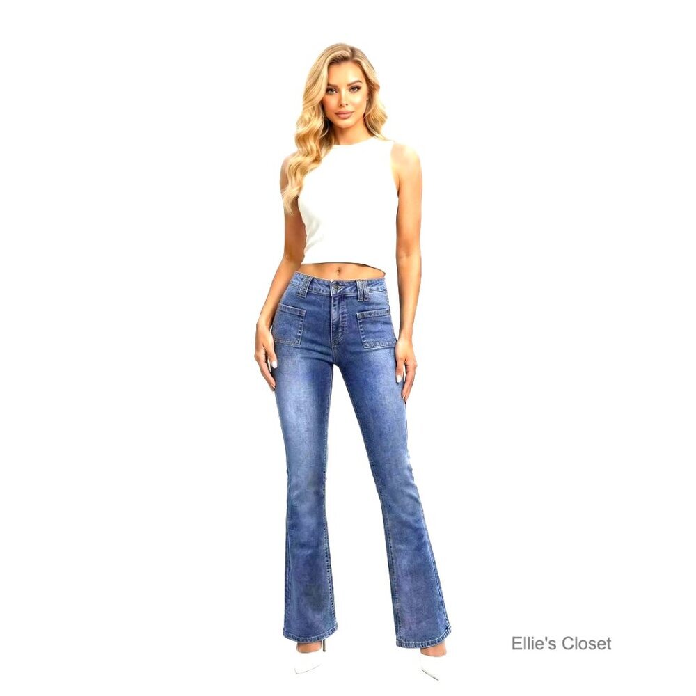 Flare Mid Rise Jeans Stretchy Denim Pants with Pockets